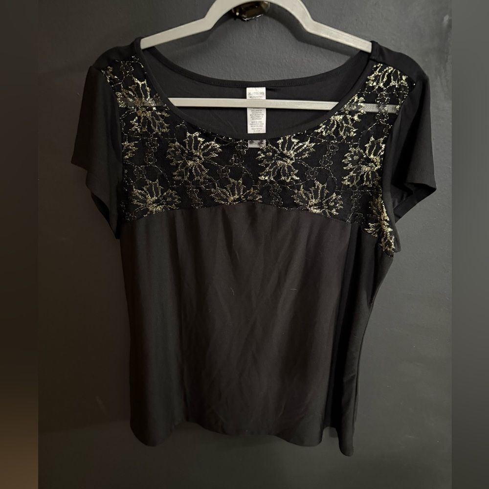 Avon MARK Gold Lace Black Short Sleeve Top Women's Size XL